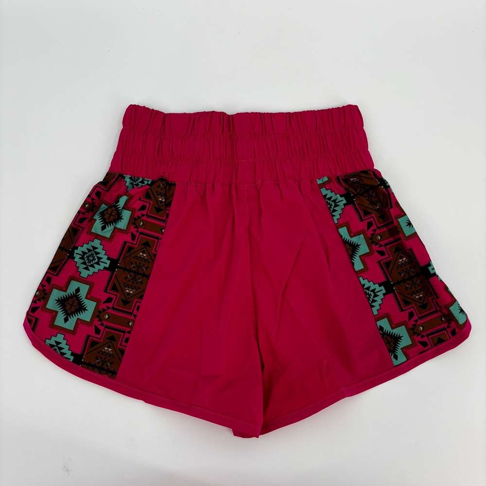 Two 2 Fly Co Running Shorts Women Small Pink Aztec High Waist Smocked Athletic